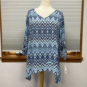 Zac & Rachel NWT Blue Mint Lavender Patterned Assymetrical Hem Top Size XL